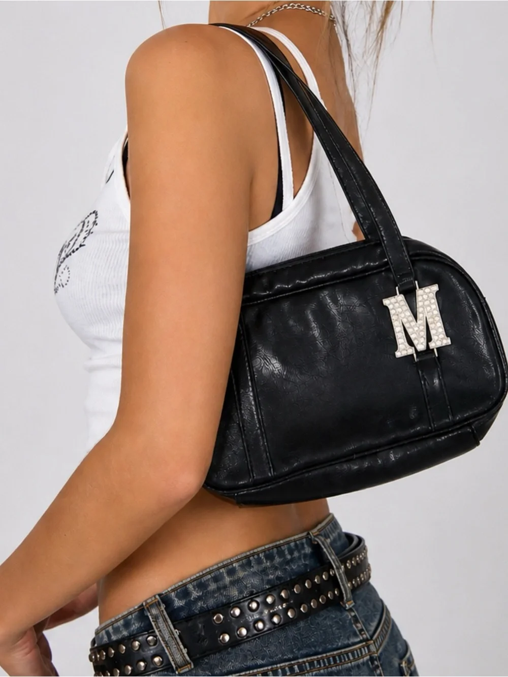 Vintage Y2K Faux Leather Initial Shoulder Back Black Silver M
